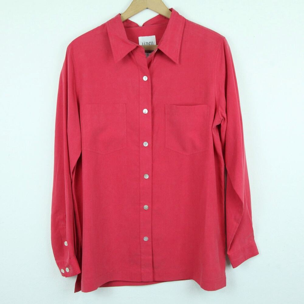 Vintage Medium‎ Top 100% Silk Pink Pockets Capsule Quiet Luxury Blouse Button Up
